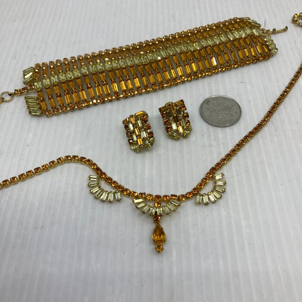 Vtg 1950s Pierre  rhinestone crystal yellow/gold bracelet necklace earrings set